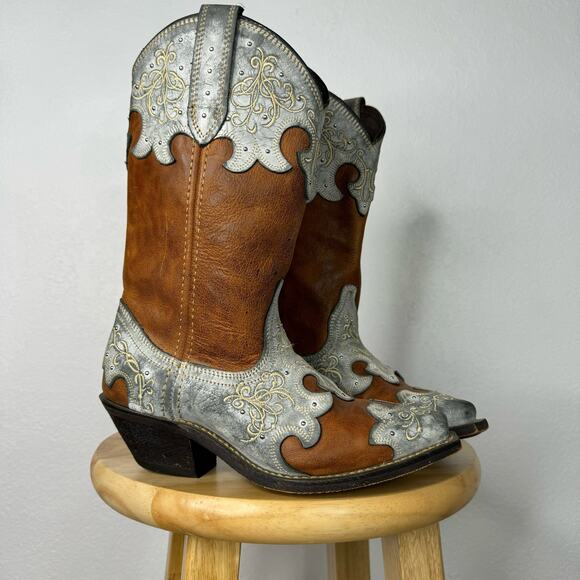 ROCKIN Country Womens Cowgirl Cowboy Western Boots Brown Distressed Leather SZ 5 - Picture 2 of 10